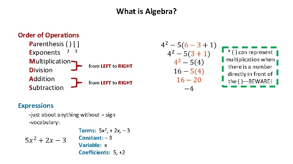 What is Algebra? Order of Operations Parenthesis ( ) [ ] Exponents 2 3