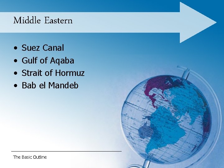 Middle Eastern • • Suez Canal Gulf of Aqaba Strait of Hormuz Bab el