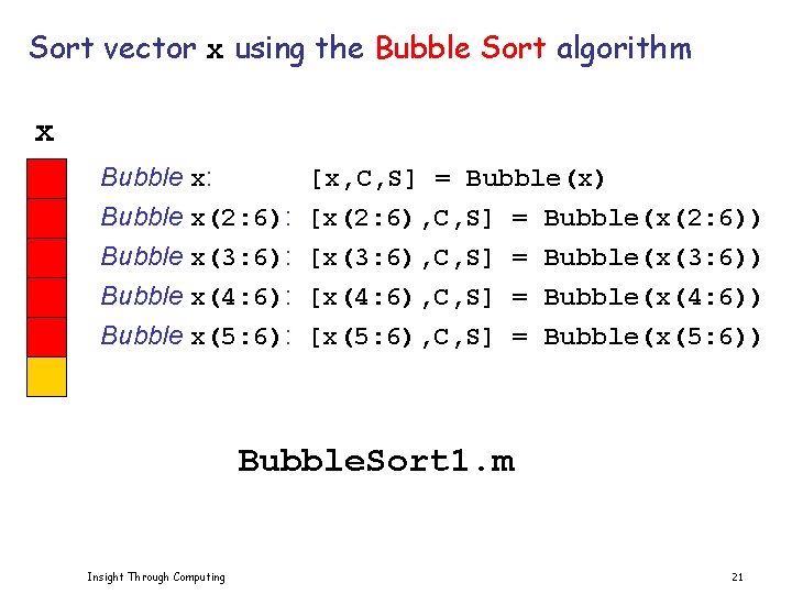 Sort vector x using the Bubble Sort algorithm x Bubble x: Bubble x(2: 6):