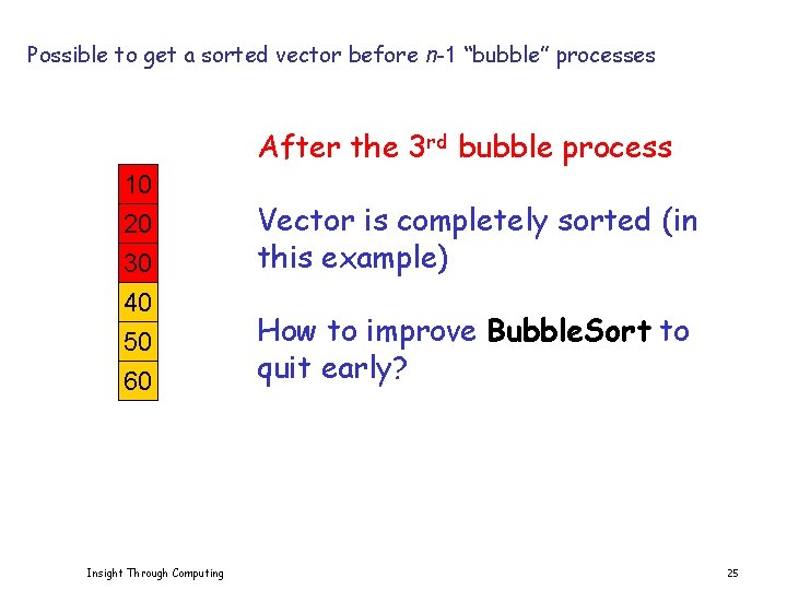 Possible to get a sorted vector before n-1 “bubble” processes After the 3 rd