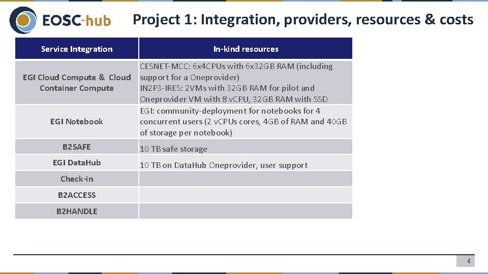 Project 1: Integration, providers, resources & costs Service Integration In-kind resources CESNET-MCC: 6 x
