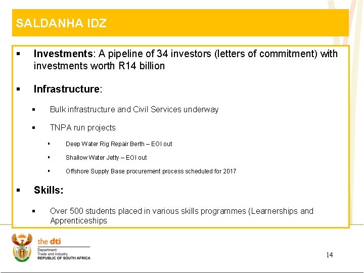 SALDANHA IDZ § Investments: A pipeline of 34 investors (letters of commitment) with investments