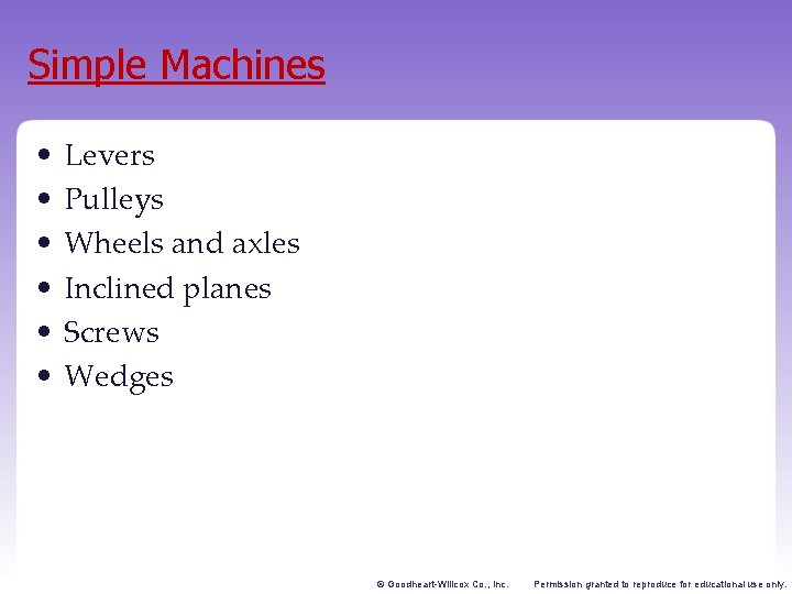 Simple Machines • • • Levers Pulleys Wheels and axles Inclined planes Screws Wedges