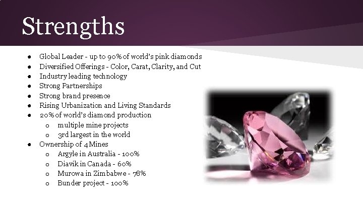 Strengths ● ● ● ● Global Leader - up to 90% of world’s pink