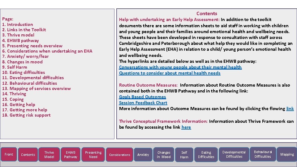 Page: 1. Introduction 2. Links in the Toolkit 3. Thrive model 4. EHWB pathway