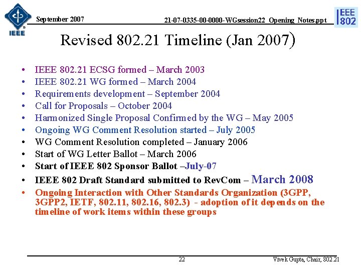 September 2007 21 -07 -0335 -00 -0000 -WGsession 22_Opening_Notes. ppt Revised 802. 21 Timeline