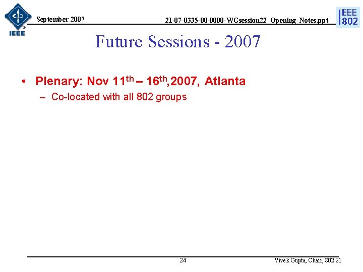 September 2007 21 -07 -0335 -00 -0000 -WGsession 22_Opening_Notes. ppt Future Sessions - 2007