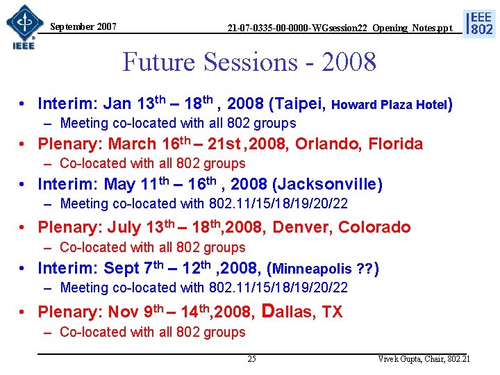 September 2007 21 -07 -0335 -00 -0000 -WGsession 22_Opening_Notes. ppt Future Sessions - 2008