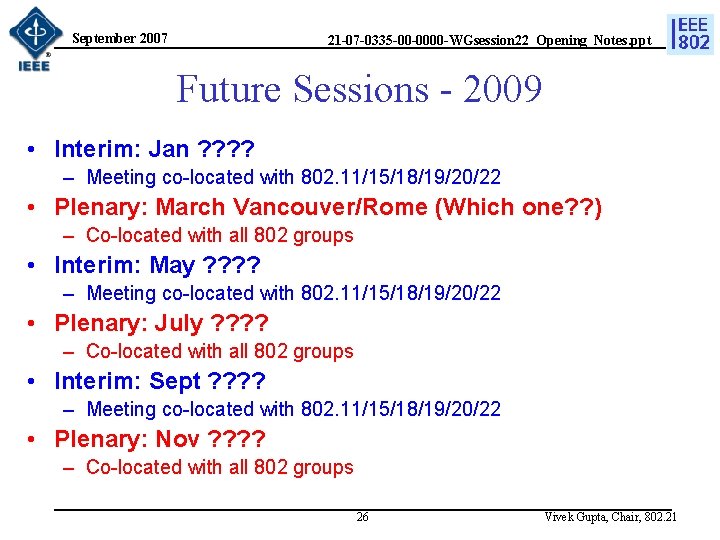 September 2007 21 -07 -0335 -00 -0000 -WGsession 22_Opening_Notes. ppt Future Sessions - 2009