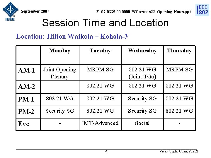 September 2007 21 -07 -0335 -00 -0000 -WGsession 22_Opening_Notes. ppt Session Time and Location: