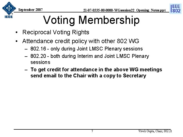 September 2007 21 -07 -0335 -00 -0000 -WGsession 22_Opening_Notes. ppt Voting Membership • Reciprocal