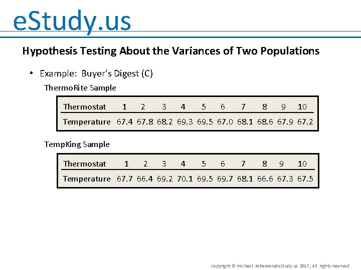 e. Study. us Hypothesis Testing About the Variances of Two Populations • Example: Buyer’s