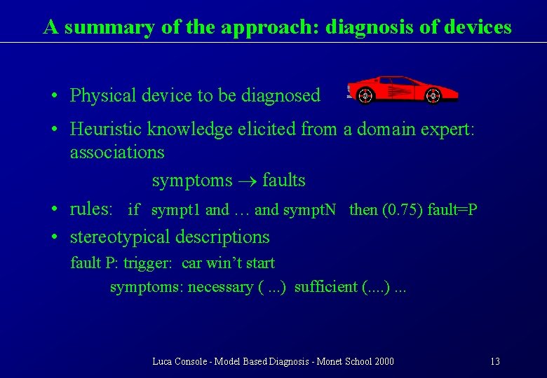 A summary of the approach: diagnosis of devices • Physical device to be diagnosed