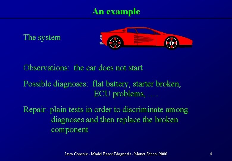 An example The system Observations: the car does not start Possible diagnoses: flat battery,