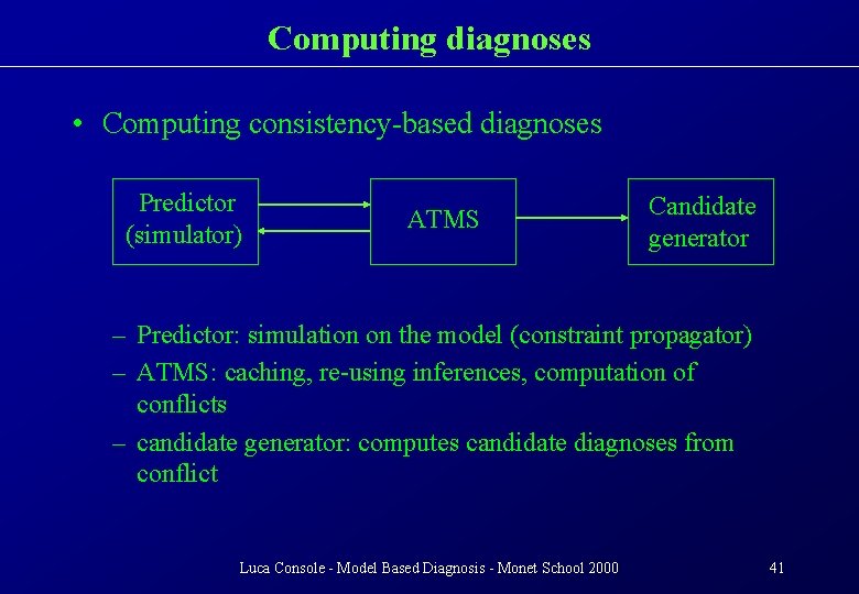 Computing diagnoses • Computing consistency-based diagnoses Predictor (simulator) ATMS Candidate generator – Predictor: simulation