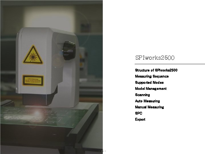 SPIworks 2500 Structure of SPIworks 2500 Measuring Sequence Supported Modes Model Management Scanning Auto