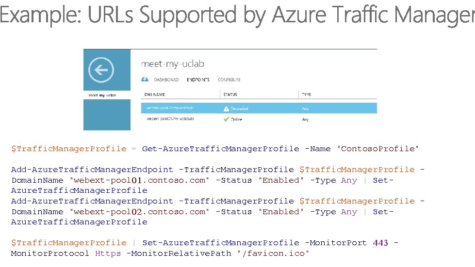 $Traffic. Manager. Profile = Get-Azure. Traffic. Manager. Profile -Name "Contoso. Profile" Add-Azure. Traffic. Manager.