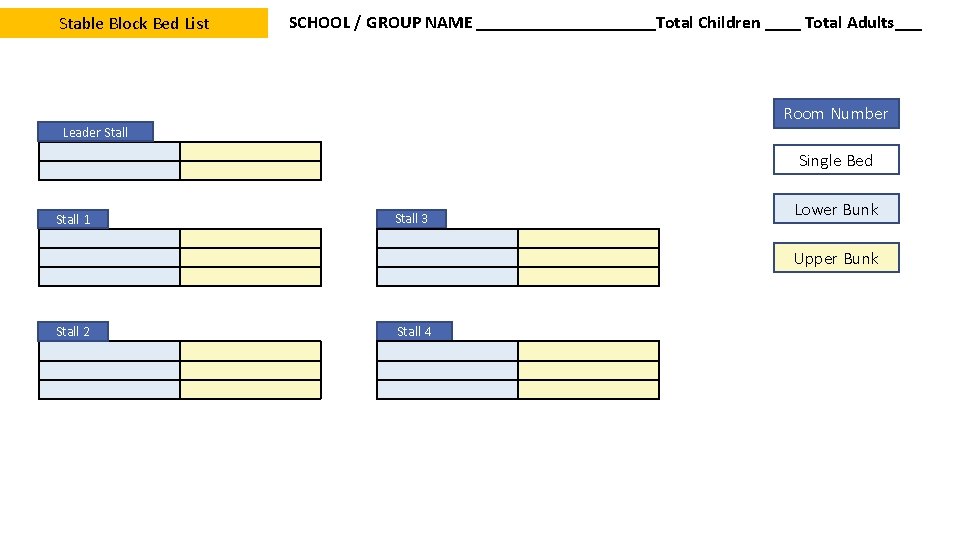 Stable Block Bed List SCHOOL / GROUP NAME __________Total Children ____ Total Adults___ Room