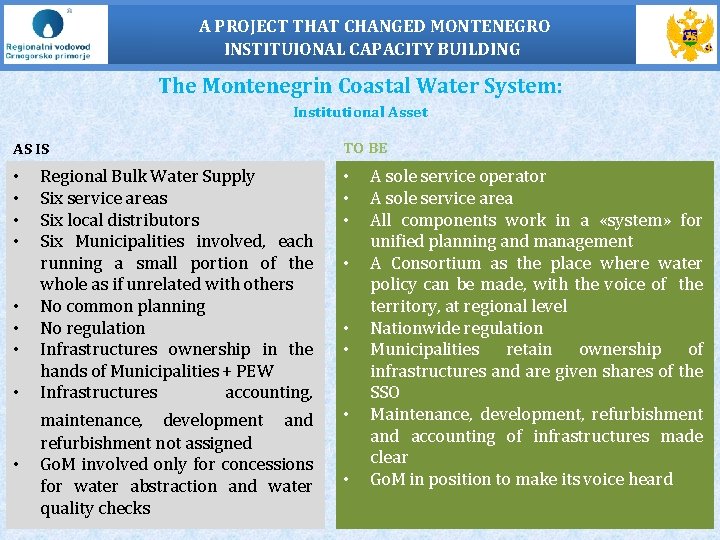 A PROJECT THAT CHANGED MONTENEGRO INSTITUIONAL CAPACITY BUILDING The Montenegrin Coastal Water System: Institutional