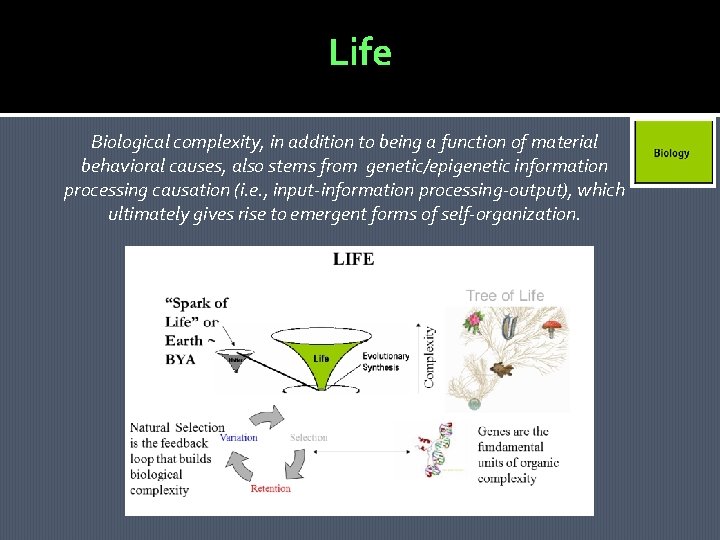 Life Biological complexity, in addition to being a function of material behavioral causes, also Life Biological complexity, in addition to being a function of material behavioral causes, also