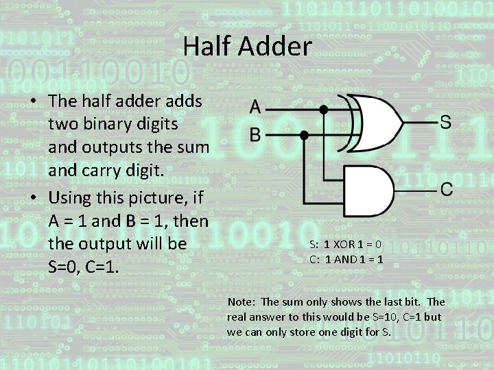 Half Adder • The half adder adds two binary digits and outputs the sum