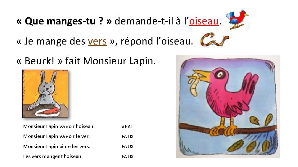  « Que manges-tu ? » demande-t-il à l’oiseau. « Je mange des vers