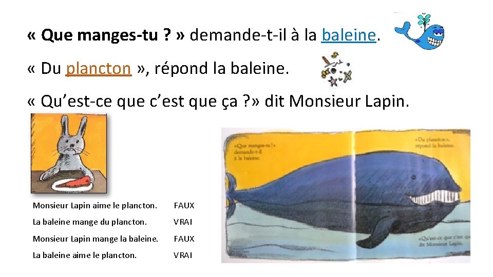  « Que manges-tu ? » demande-t-il à la baleine. « Du plancton »