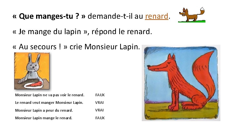  « Que manges-tu ? » demande-t-il au renard. « Je mange du lapin