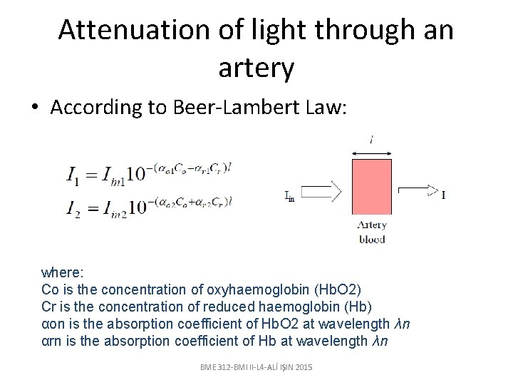 Attenuation of light through an artery • According to Beer-Lambert Law: where: Co is