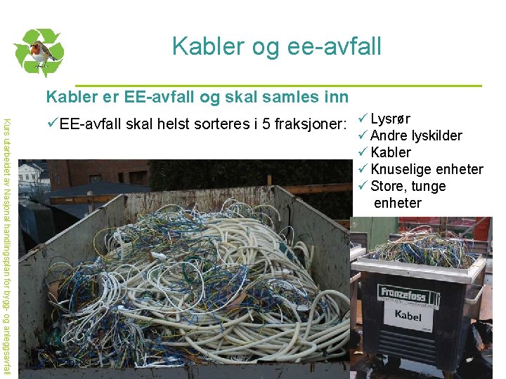 Kabler og ee-avfall Kabler er EE-avfall og skal samles inn Kurs utarbeidet av Nasjonal