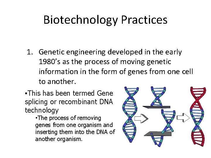 Biotechnology Practices 1. Genetic engineering developed in the early 1980’s as the process of