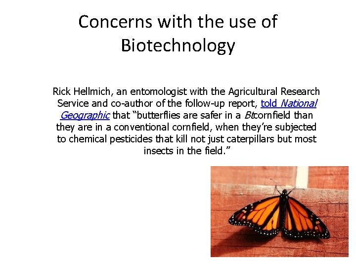 Concerns with the use of Biotechnology Rick Hellmich, an entomologist with the Agricultural Research