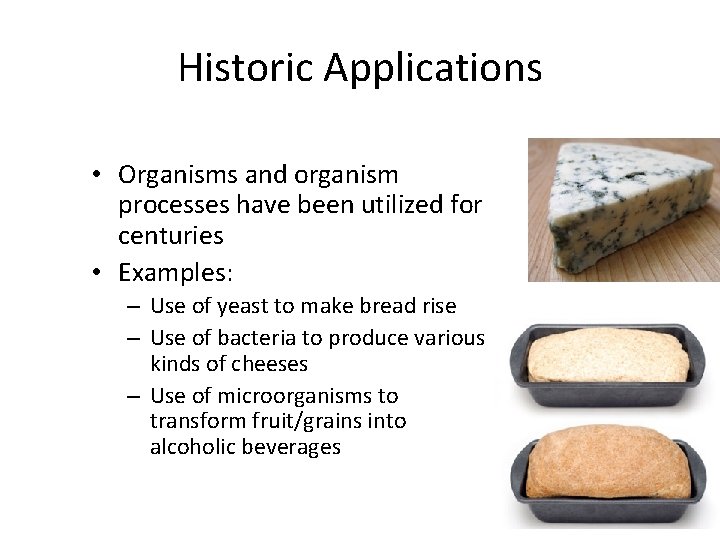 Historic Applications • Organisms and organism processes have been utilized for centuries • Examples: