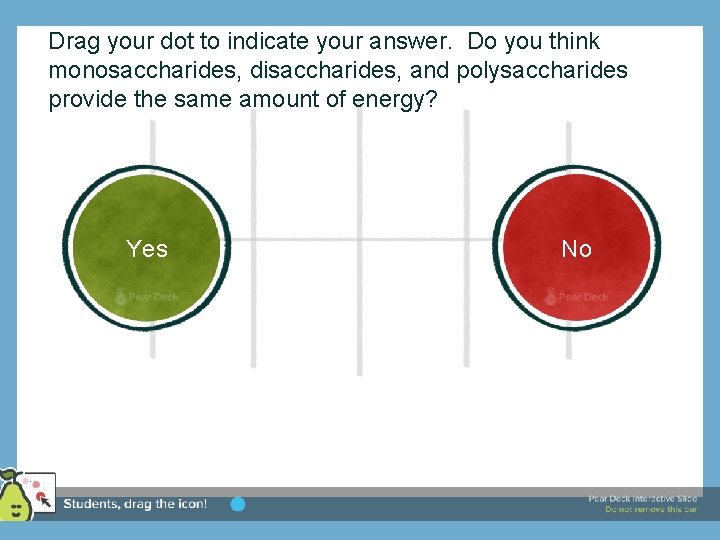 Drag your dot to indicate your answer. Do you think monosaccharides, disaccharides, and polysaccharides