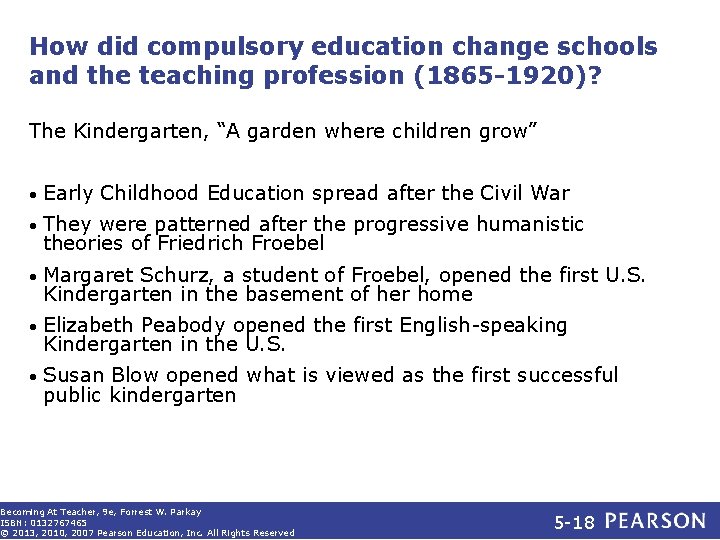 How did compulsory education change schools and the teaching profession (1865 -1920)? The Kindergarten,