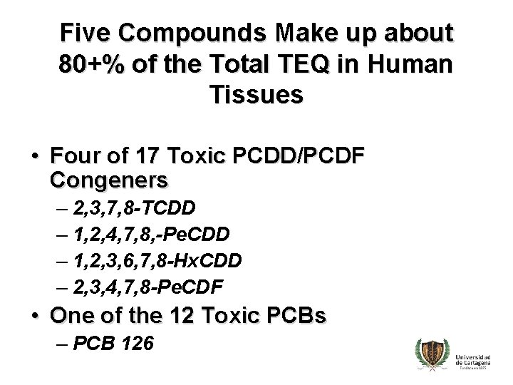 Five Compounds Make up about 80+% of the Total TEQ in Human Tissues •