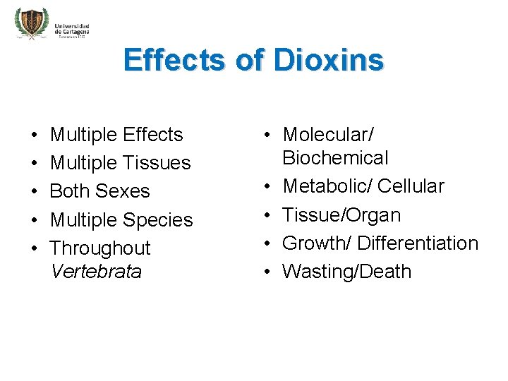 Effects of Dioxins • • • Multiple Effects Multiple Tissues Both Sexes Multiple Species