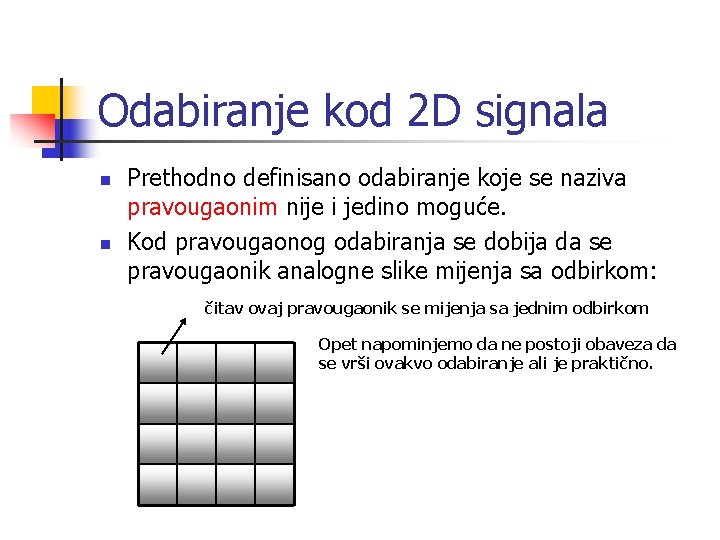 Odabiranje kod 2 D signala n n Prethodno definisano odabiranje koje se naziva pravougaonim