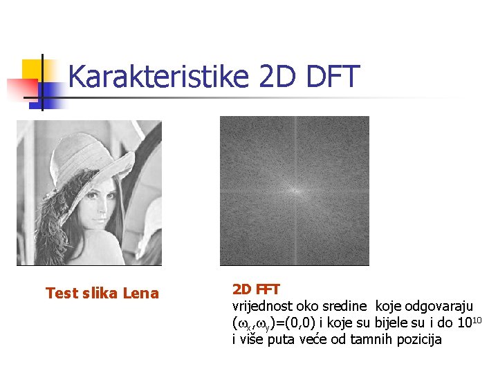 Karakteristike 2 D DFT Test slika Lena 2 D FFT vrijednost oko sredine koje