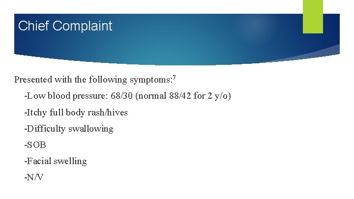 Chief Complaint Presented with the following symptoms: 7 -Low blood pressure: 68/30 (normal 88/42