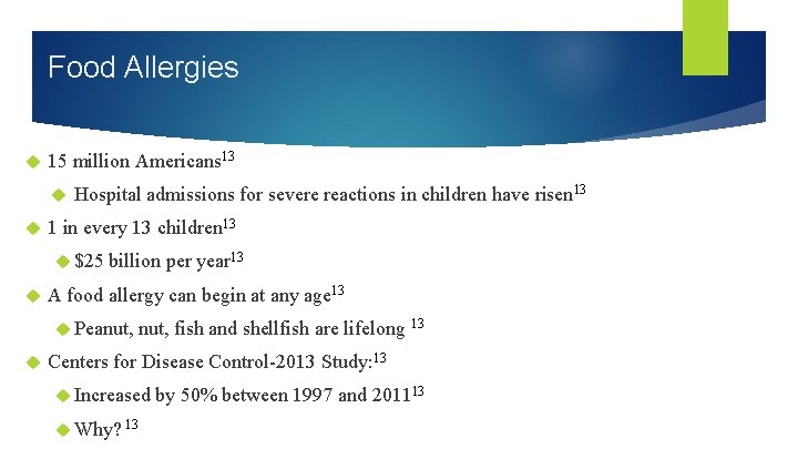 Food Allergies 15 million Americans 13 Hospital admissions for severe reactions in children have