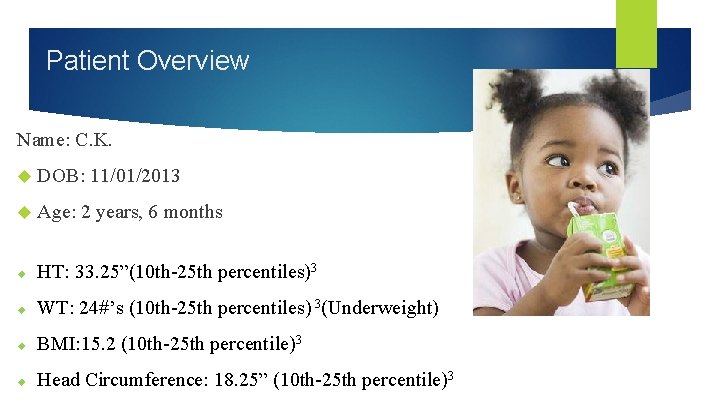 Patient Overview Name: C. K. DOB: Age: 11/01/2013 2 years, 6 months HT: 33.
