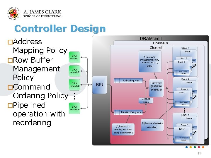 Controller Design �Address Mapping Policy �Row Buffer Management Policy �Command Ordering Policy �Pipelined operation