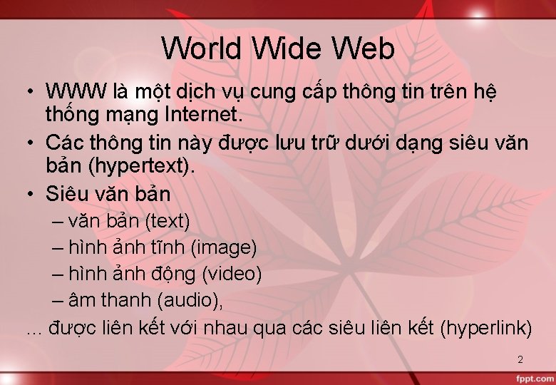 World Wide Web • WWW là một dịch vụ cung cấp thông tin trên