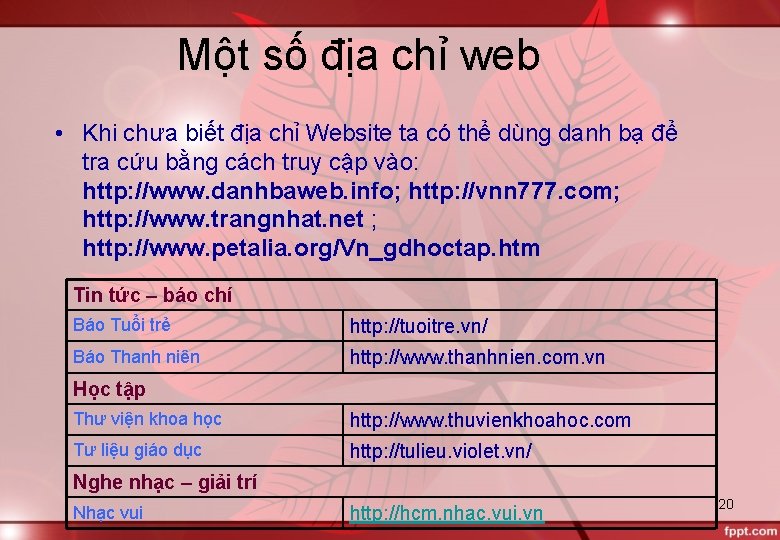 Một số địa chỉ web • Khi chưa biết địa chỉ Website ta có