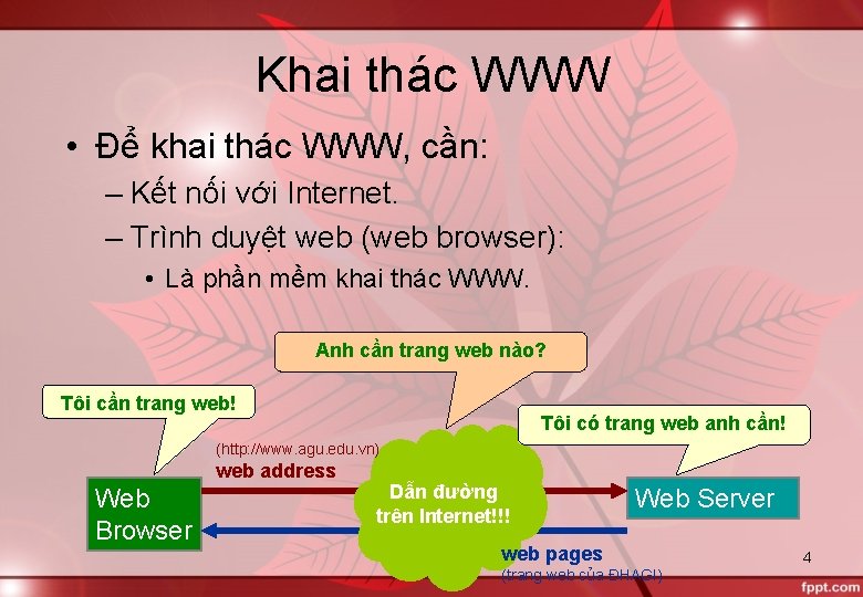 Khai thác WWW • Để khai thác WWW, cần: – Kết nối với Internet.