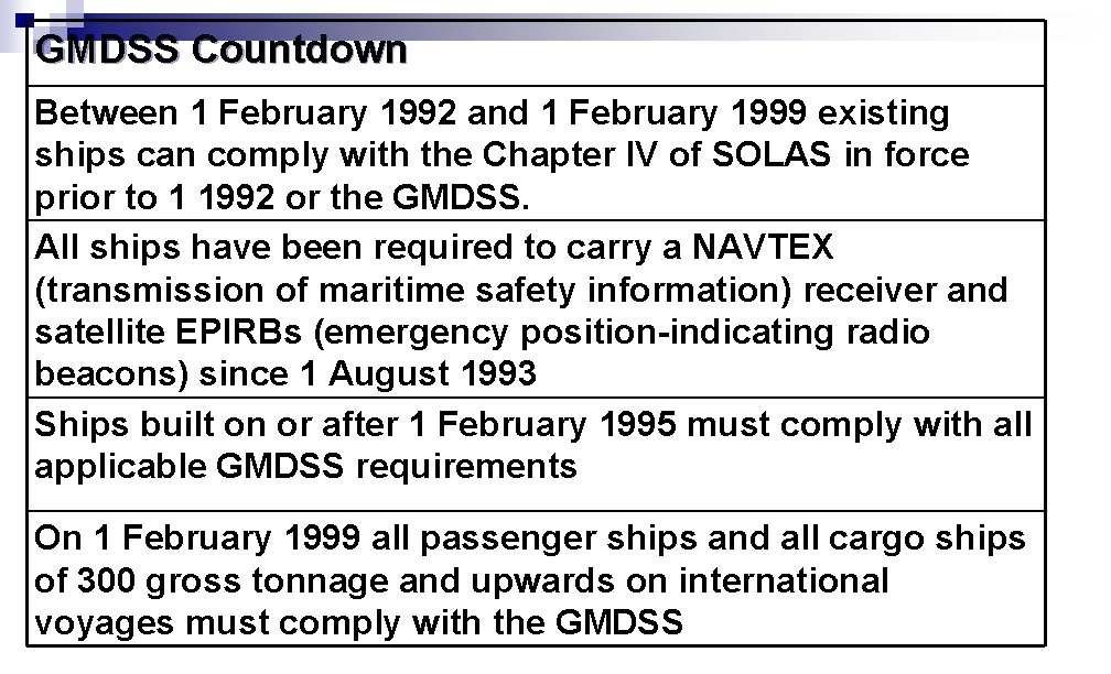 GMDSS Countdown Between 1 February 1992 and 1 February 1999 existing ships can comply