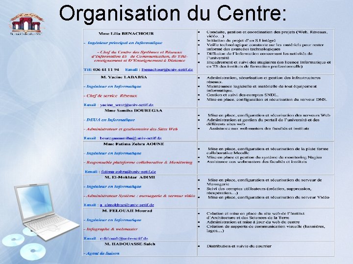 Organisation du Centre: 