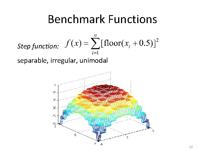 Benchmark Functions Step function: separable, irregular, unimodal 12 