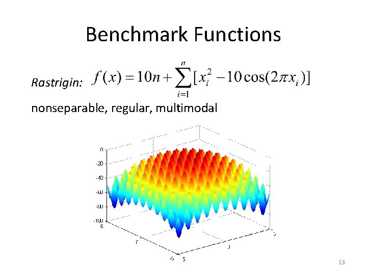 Benchmark Functions Rastrigin: nonseparable, regular, multimodal 13 